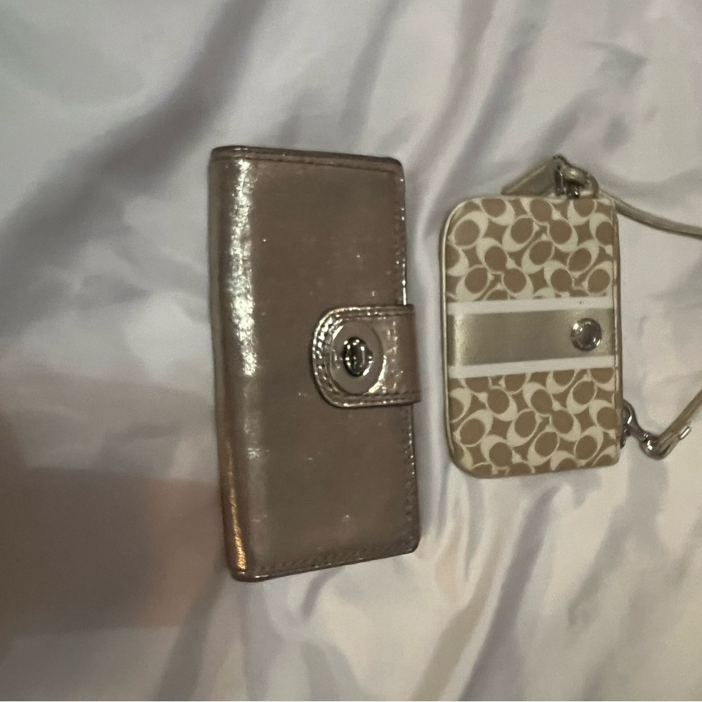Coach metallic long wallet with turn lock and wristlet combo, lavender lining